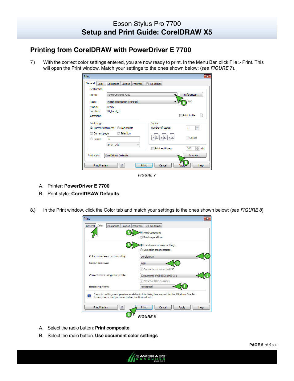 Setup and print guide: coreldraw x5, Epson stylus pro 7700, Printing from coreldraw with powerdriver e 7700 | Xpres SubliJet E Epson Stylus Pro 7700 (Windows Power Driver Setup): Print & Setup Guide CorelDRAW X5 User Manual | Page 5 / 6