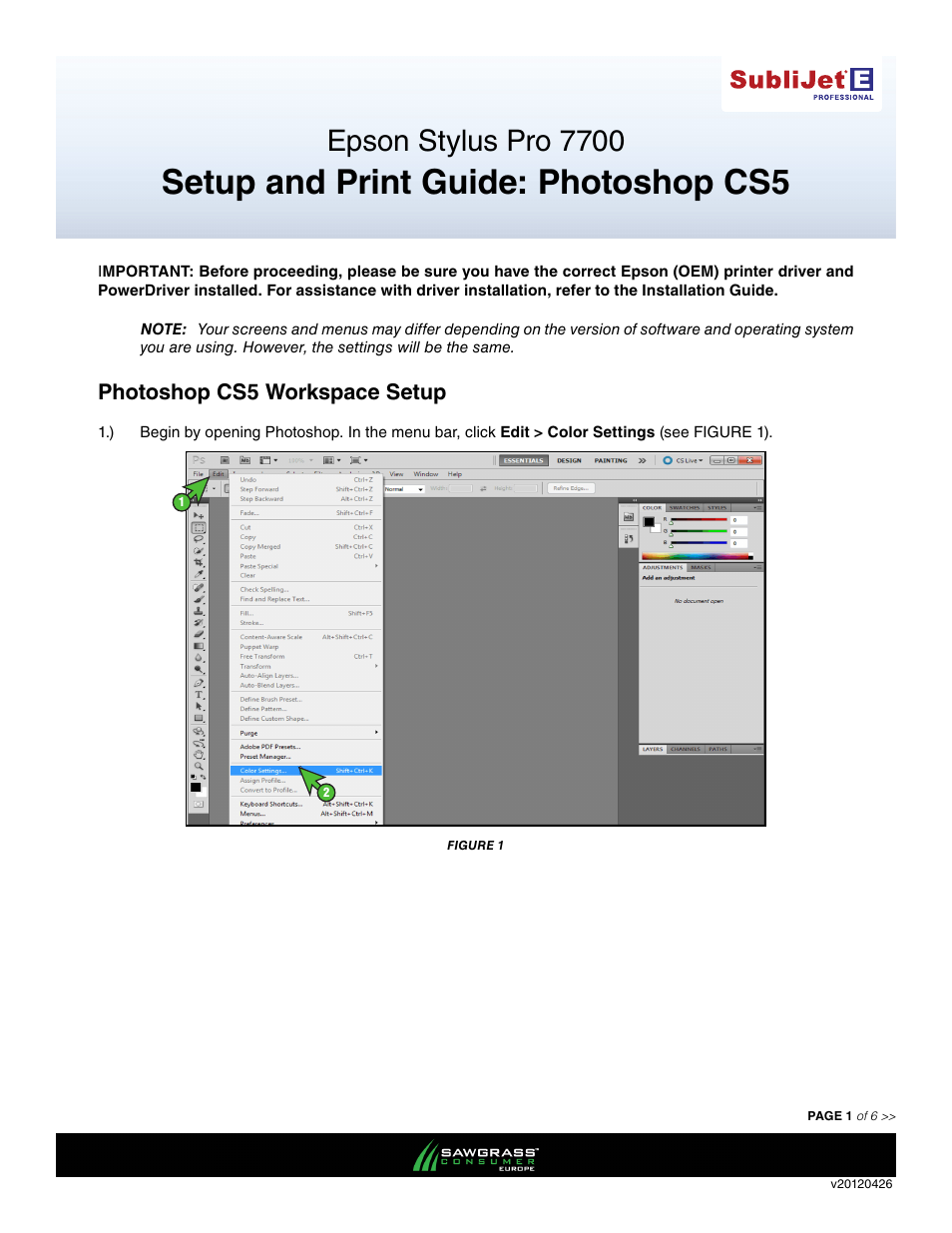 Xpres SubliJet E Epson Stylus Pro 7700 (Windows Power Driver Setup): Print & Setup Guide Photoshop CS5 User Manual | 6 pages