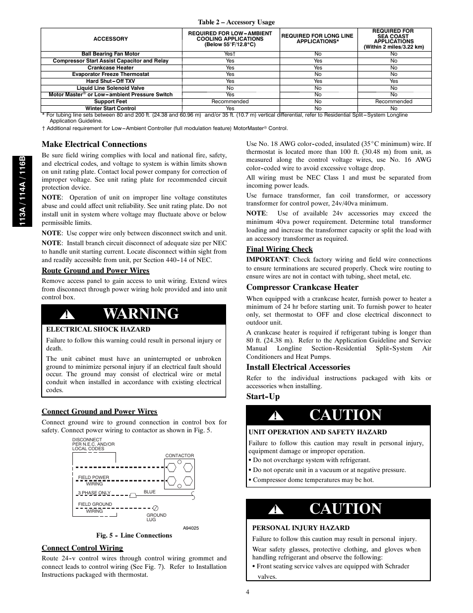 Warning, Caution, Make electrical connections | Compressor crankcase heater, Install electrical accessories, Start--up | Bryant Legacy Air Conditoner H3A User Manual | Page 4 / 6