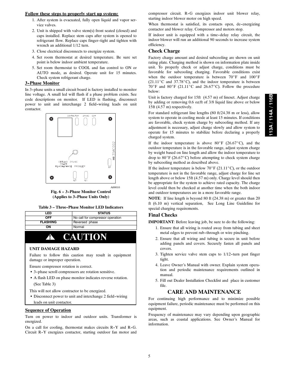 Caution, Care and maintenance, Check charge | Final checks | Bryant Legacy Air Conditoner H3A User Manual | Page 5 / 6