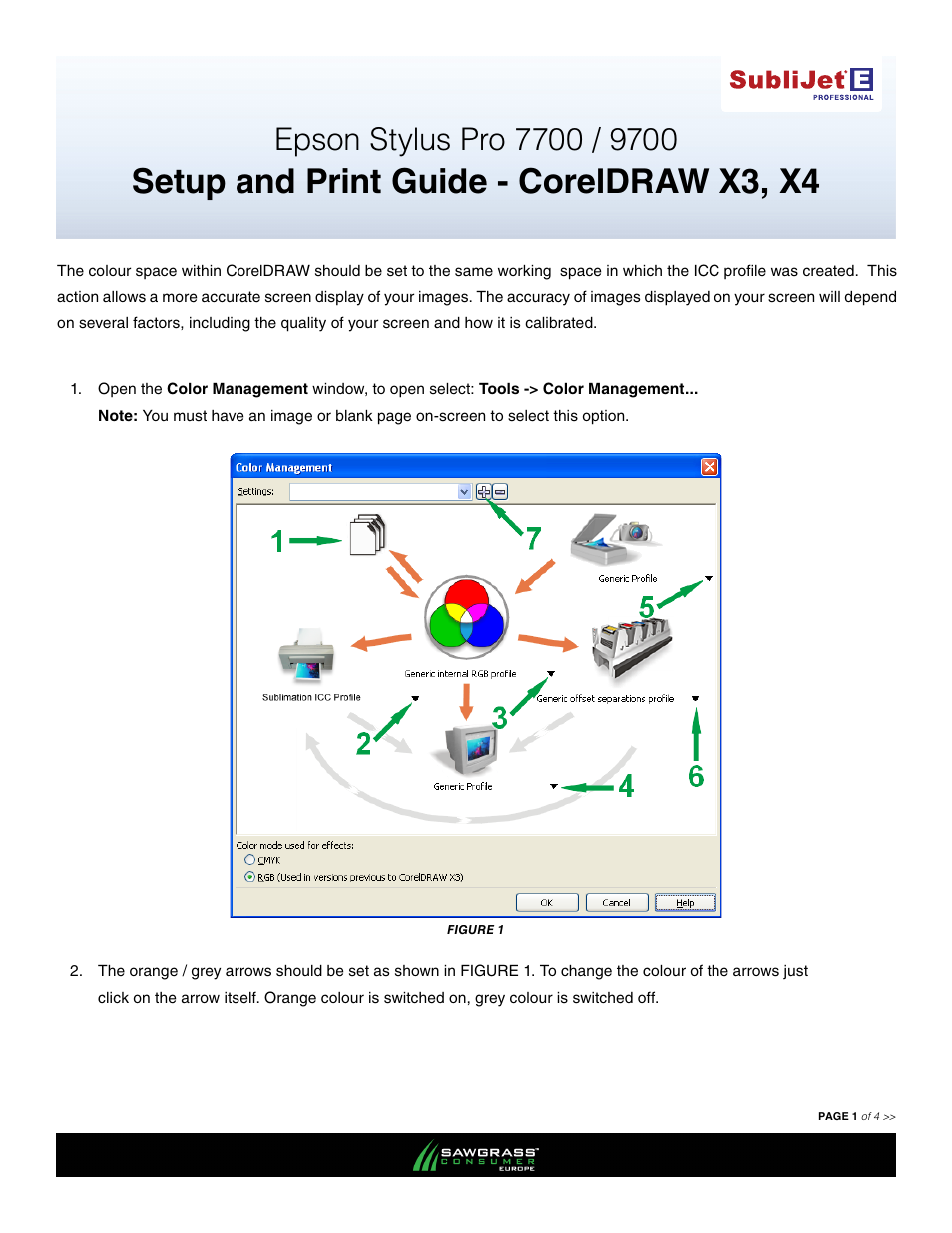 Xpres SubliJet E Epson Stylus Pro 7900 (Windows ICC Profile Setup): Print & Setup Guide CorelDRAW X3 - X4 User Manual | 4 pages