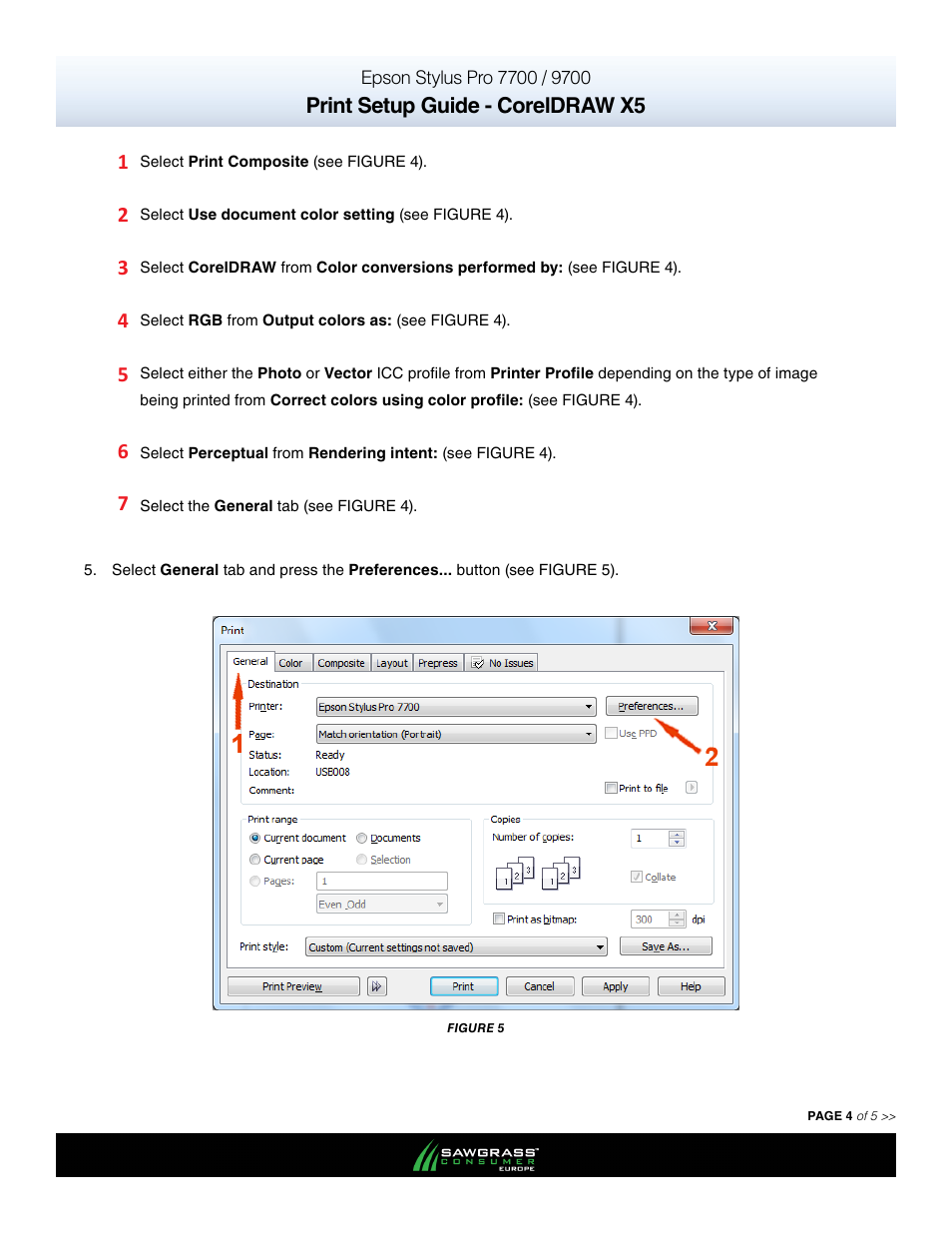 Print setup guide - coreldraw x5 | Xpres SubliJet E Epson Stylus Pro 7900 (Windows ICC Profile Setup): Print & Setup Guide CorelDRAW X5 User Manual | Page 4 / 5