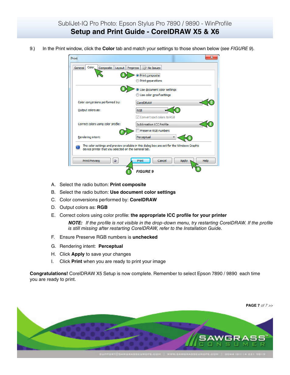 Setup and print guide - coreldraw x5 & x6 | Xpres SubliJet IQ Epson Stylus Pro 9890 - IQ Pro Photo (Windows ICC Profile Setup): Print & Setup Guide CorelDRAW X5 - X6 User Manual | Page 7 / 7