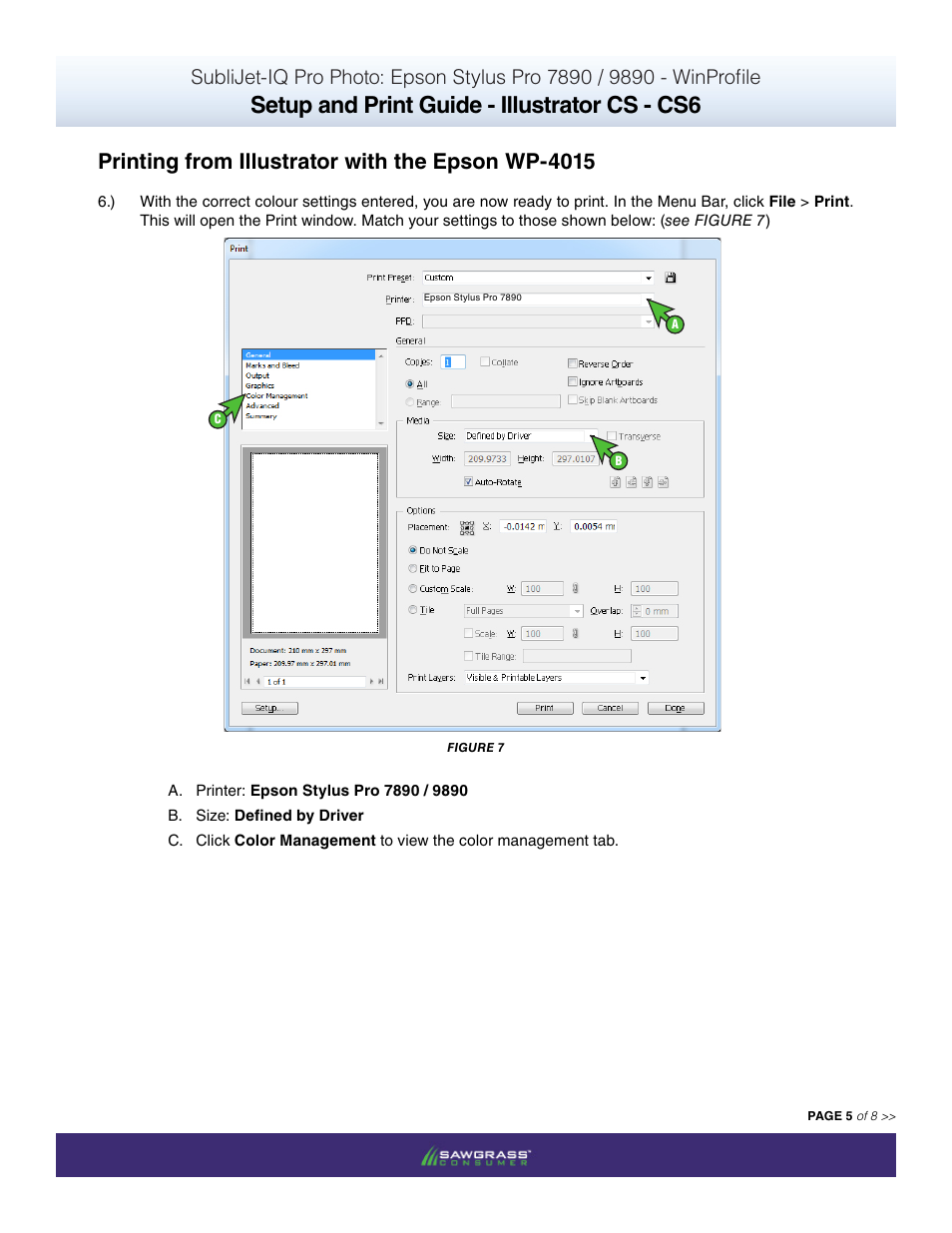 Setup and print guide - illustrator cs - cs6, Printing from illustrator with the epson wp-4015 | Xpres SubliJet IQ Epson Stylus Pro 9890 - IQ Pro Photo (Windows ICC Profile Setup): Print & Setup Guide Illustrator CS - CS6 User Manual | Page 5 / 8