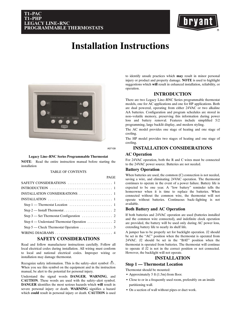 Bryant LEGACY LINE--RNC T1--PHP User Manual | 8 pages