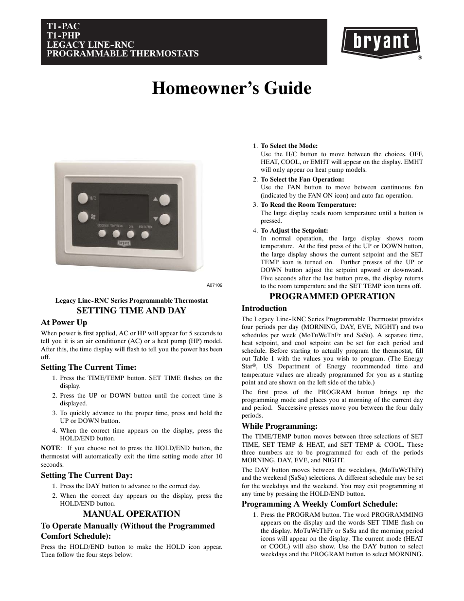 Homeowner’s guide, Setting time and day, Manual operation | Programmed operation | Bryant LEGACY LINE--RNC T1--PHP User Manual | Page 5 / 8