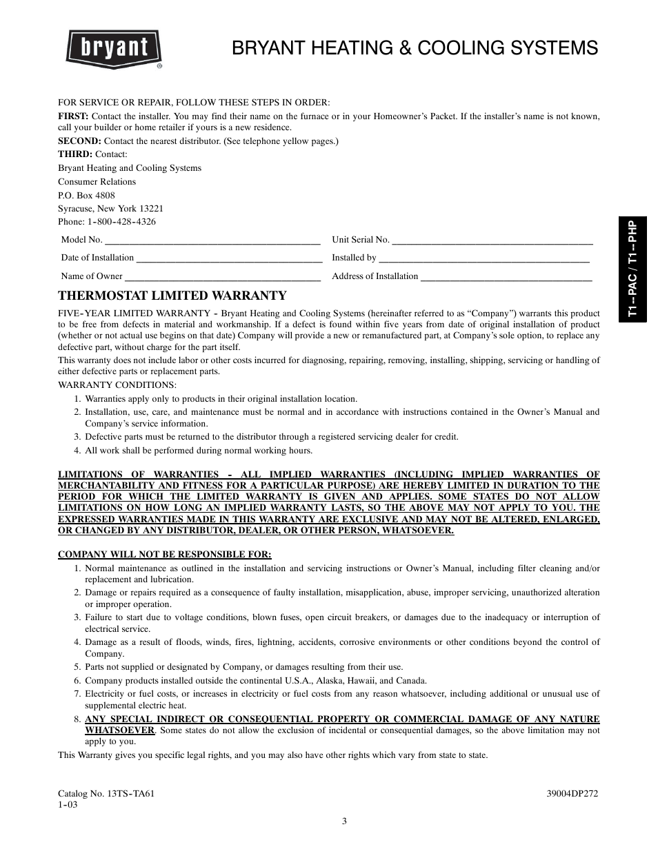 Bryant heating & cooling systems, Thermostat limited warranty | Bryant LEGACY LINE--RNC T1--PHP User Manual | Page 7 / 8