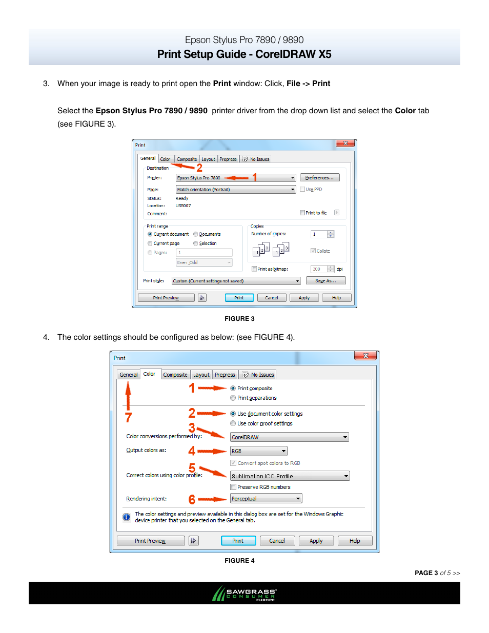 Print setup guide - coreldraw x5 | Xpres SubliJet E Epson Stylus Pro 9890 (Windows ICC Profile Setup): Print & Setup Guide CorelDRAW X5 User Manual | Page 3 / 5