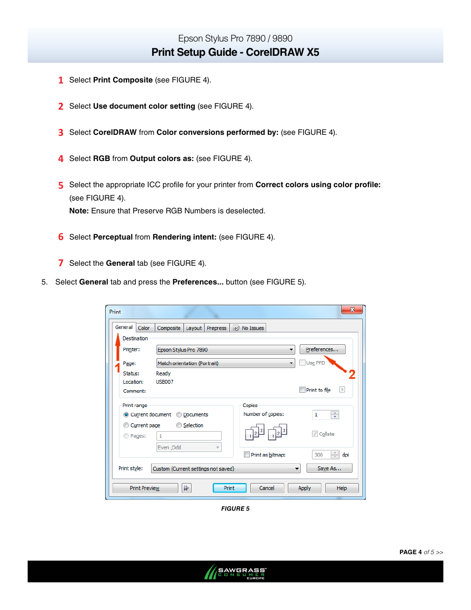 Print setup guide - coreldraw x5 | Xpres SubliJet E Epson Stylus Pro 9890 (Windows ICC Profile Setup): Print & Setup Guide CorelDRAW X5 User Manual | Page 4 / 5