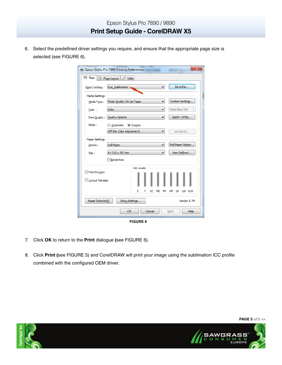 Print setup guide - coreldraw x5 | Xpres SubliJet E Epson Stylus Pro 9890 (Windows ICC Profile Setup): Print & Setup Guide CorelDRAW X5 User Manual | Page 5 / 5