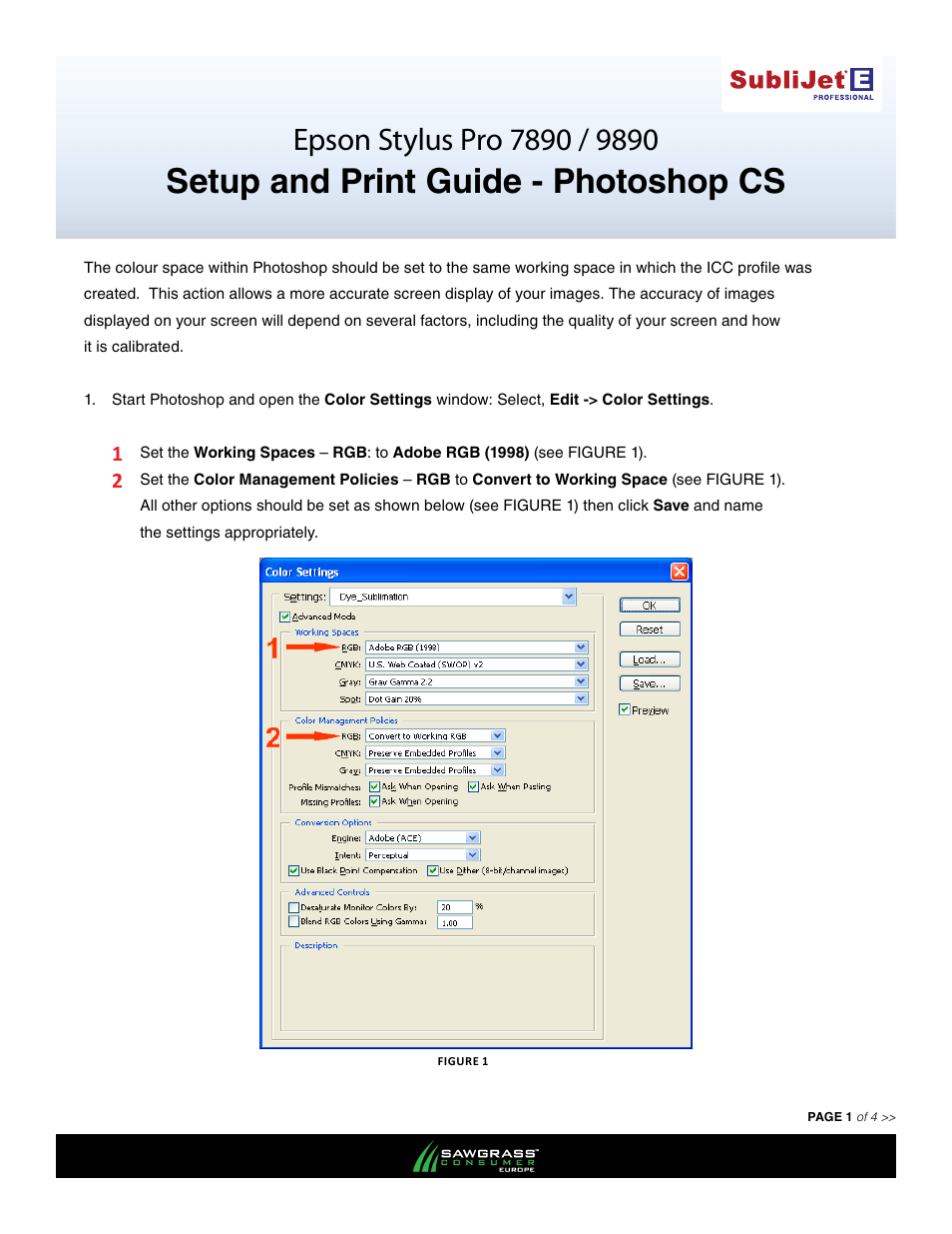 Xpres SubliJet E Epson Stylus Pro 9890 (Windows ICC Profile Setup): Print & Setup Guide Photoshop CS User Manual | 4 pages