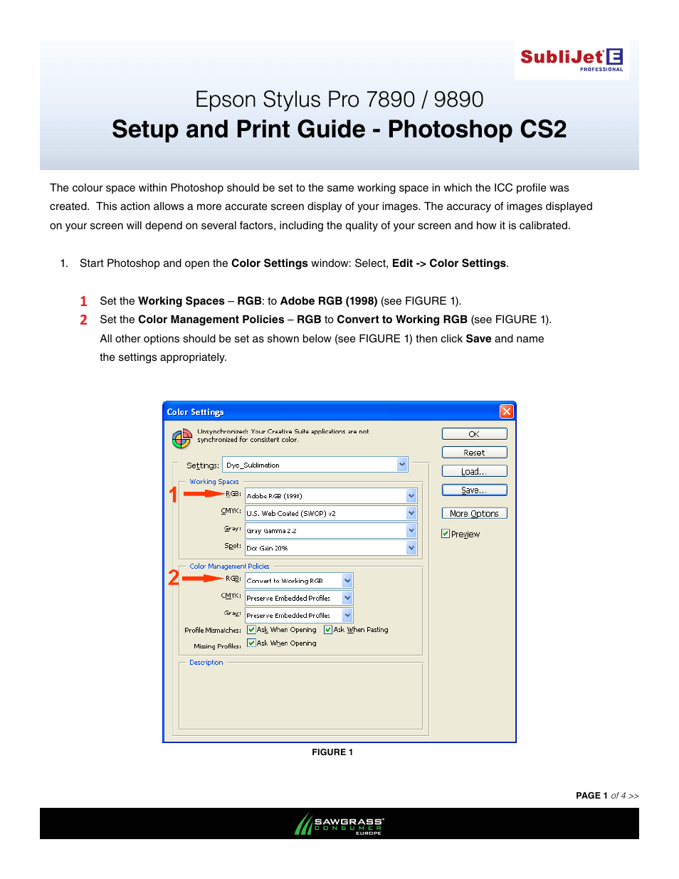 Xpres SubliJet E Epson Stylus Pro 9890 (Windows ICC Profile Setup): Print & Setup Guide Photoshop CS2 User Manual | 4 pages