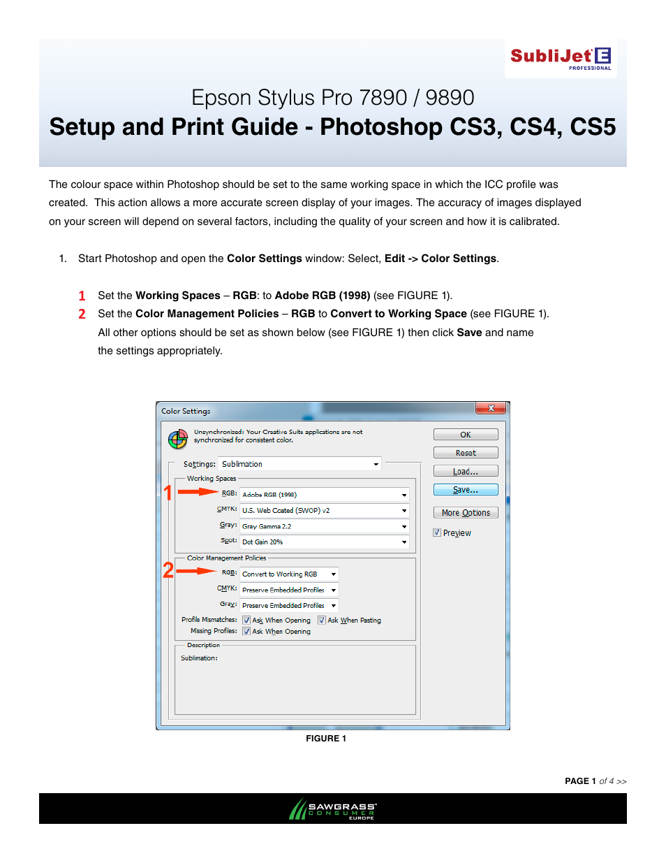 Xpres SubliJet E Epson Stylus Pro 9890 (Windows ICC Profile Setup): Print & Setup Guide Photoshop CS3 - CS5 User Manual | 4 pages