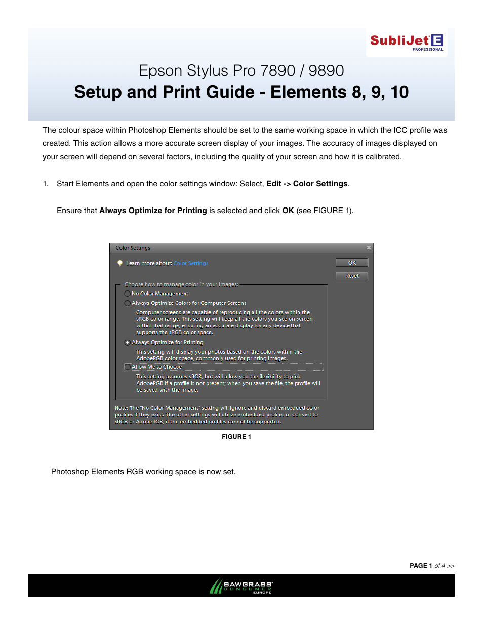 Xpres SubliJet E Epson Stylus Pro 9890 (Windows ICC Profile Setup): Print & Setup Guide Photoshop Elements 8 - 10 User Manual | 4 pages