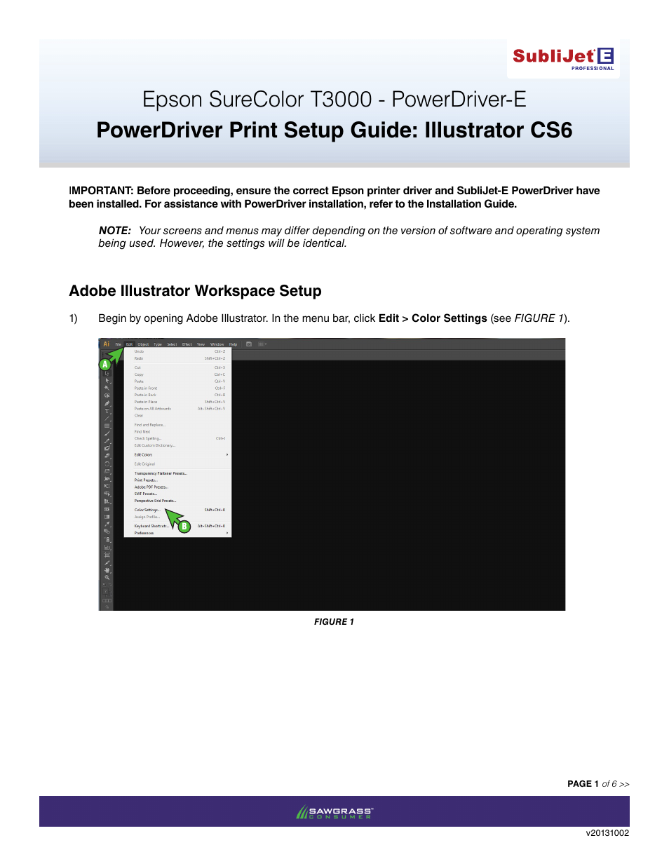 Xpres SubliJet E Epson SureColor T3000 (Power Driver Setup): Print & Setup Guide Illustrator CS6 User Manual | 6 pages