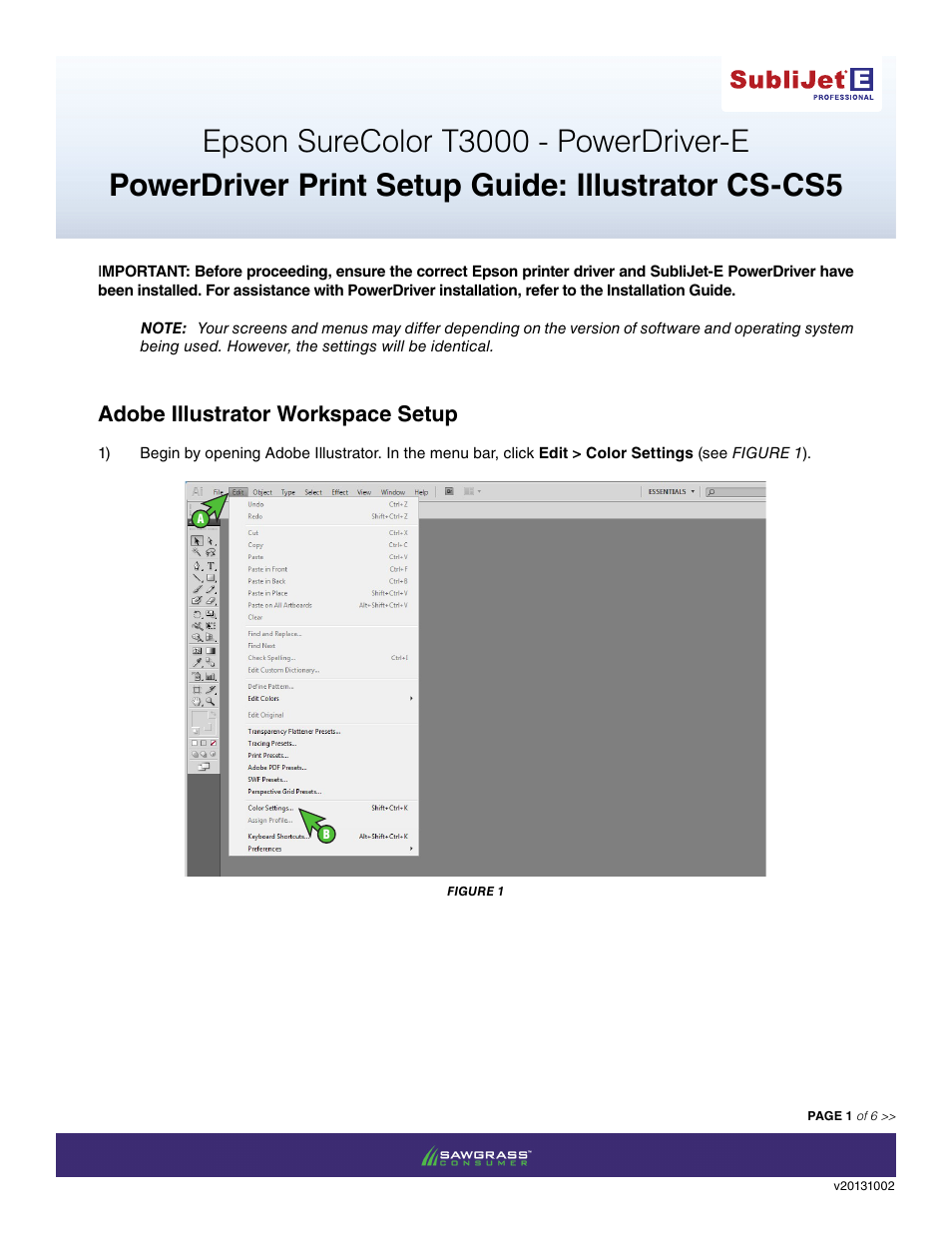 Xpres SubliJet E Epson SureColor T3000 (Power Driver Setup): Print & Setup Guide Illustrator CS - CS5 User Manual | 6 pages