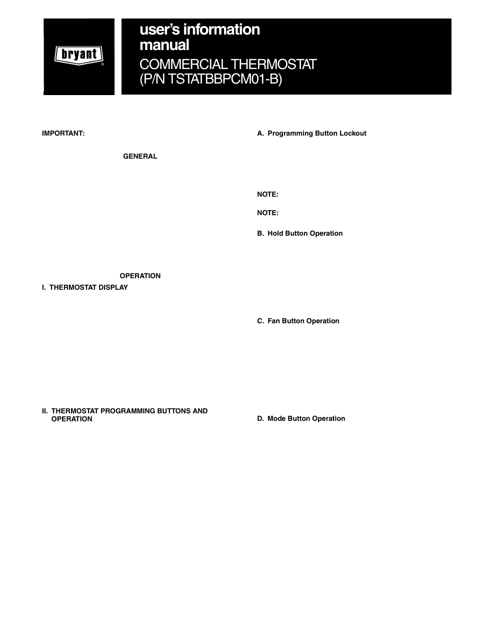 Bryant OM TSTAT-1 User Manual | 4 pages