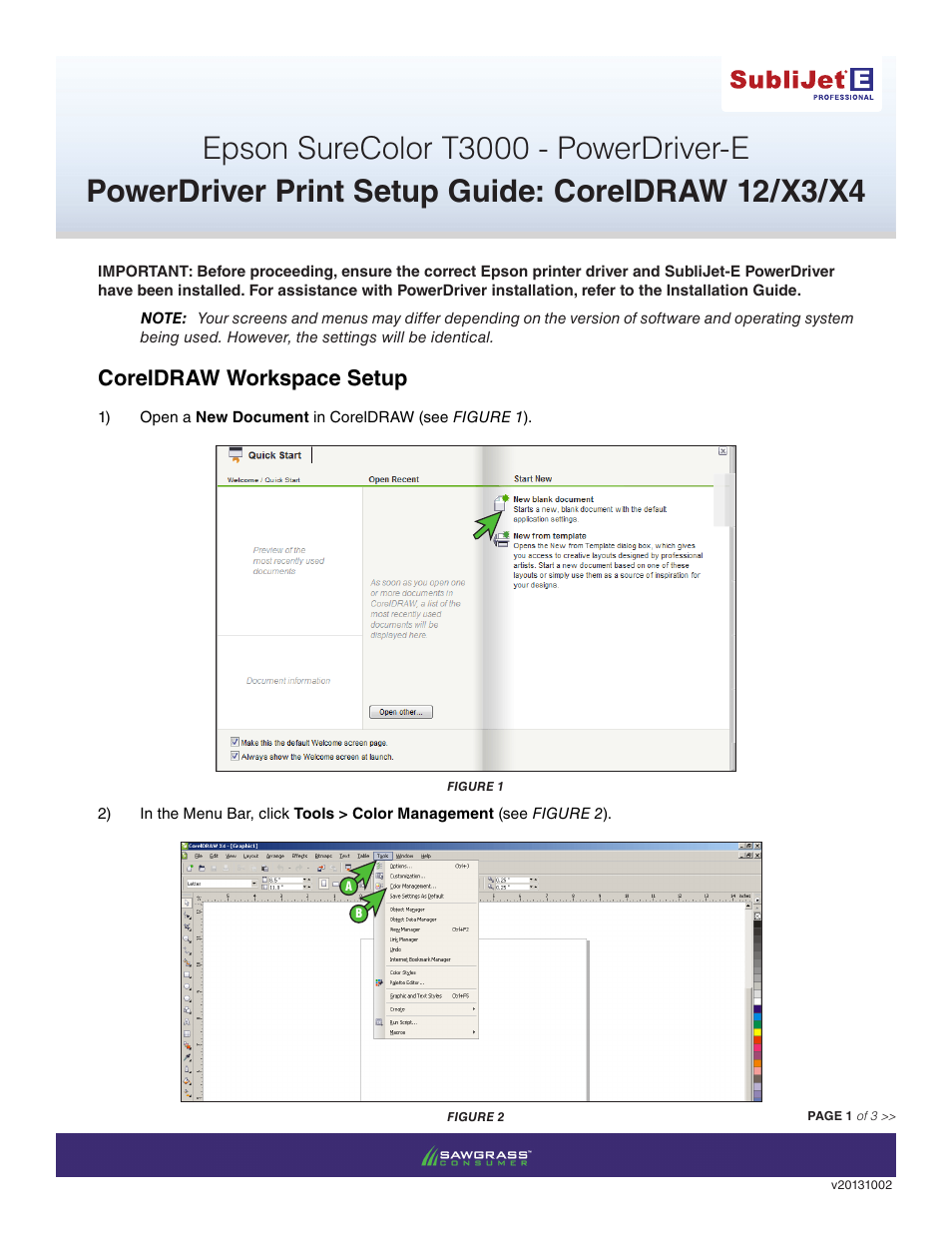 Xpres SubliJet E Epson SureColor T3000 (Power Driver Setup): Print & Setup Guide CorelDRAW 12 - X4 User Manual | 3 pages