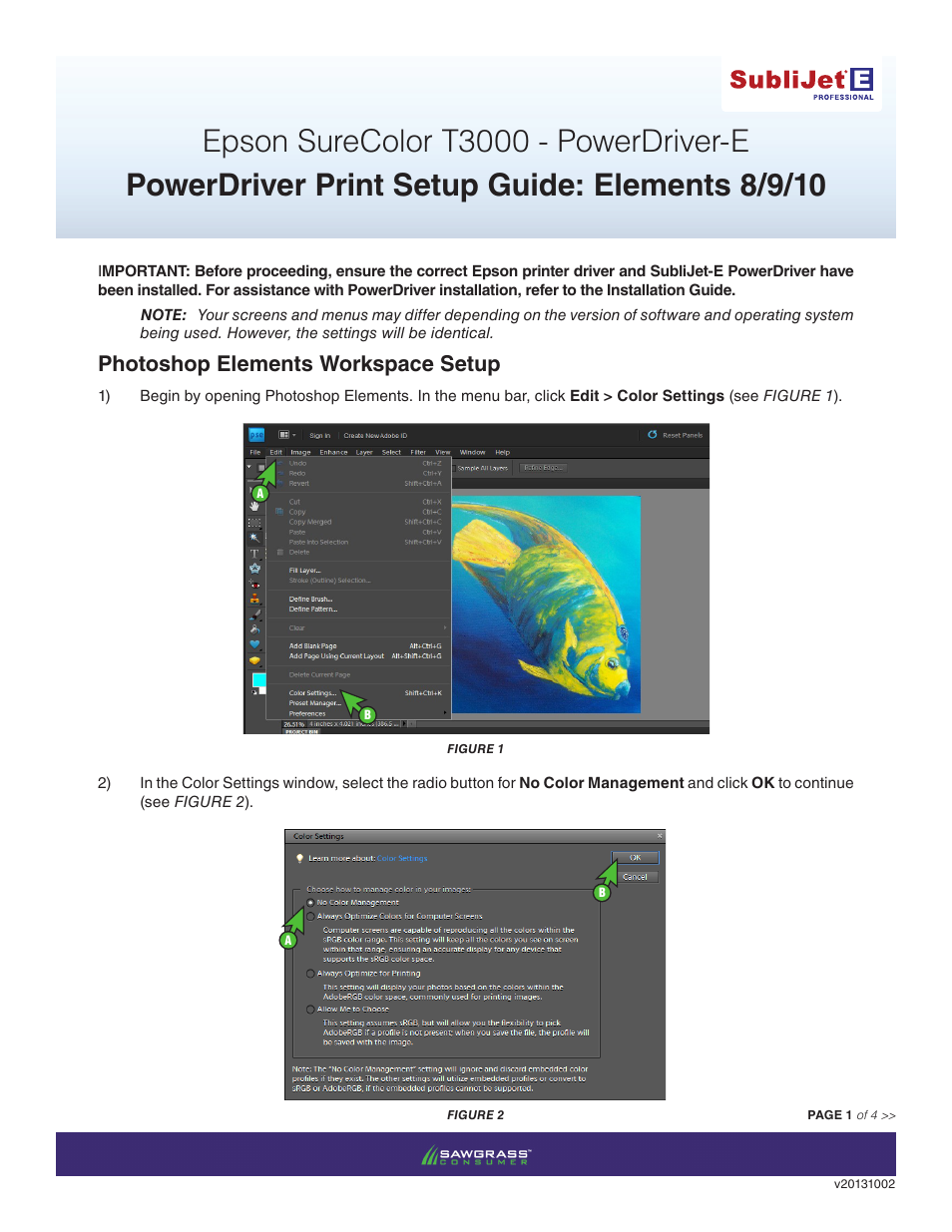 Xpres SubliJet E Epson SureColor T3000 (Power Driver Setup): Print & Setup Guide Photoshop Elements 8 - 10 User Manual | 4 pages