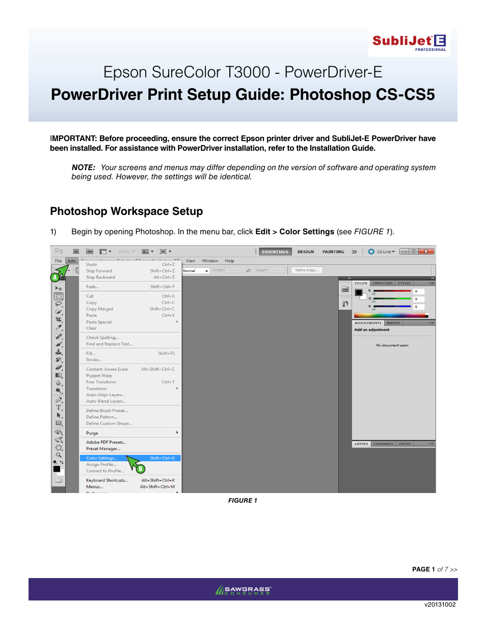 Xpres SubliJet E Epson SureColor T3000 (Power Driver Setup): Print & Setup Guide Photoshop CS - CS6 User Manual | 7 pages