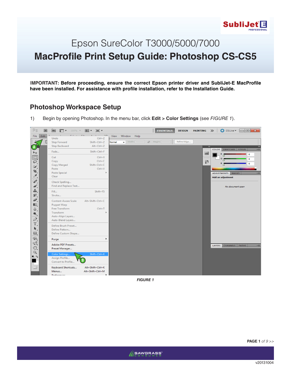Xpres SubliJet E Epson SureColor T7000 (Mac ICC Profile Setup): Print & Setup Guide Photoshop CS - CS5 User Manual | 9 pages