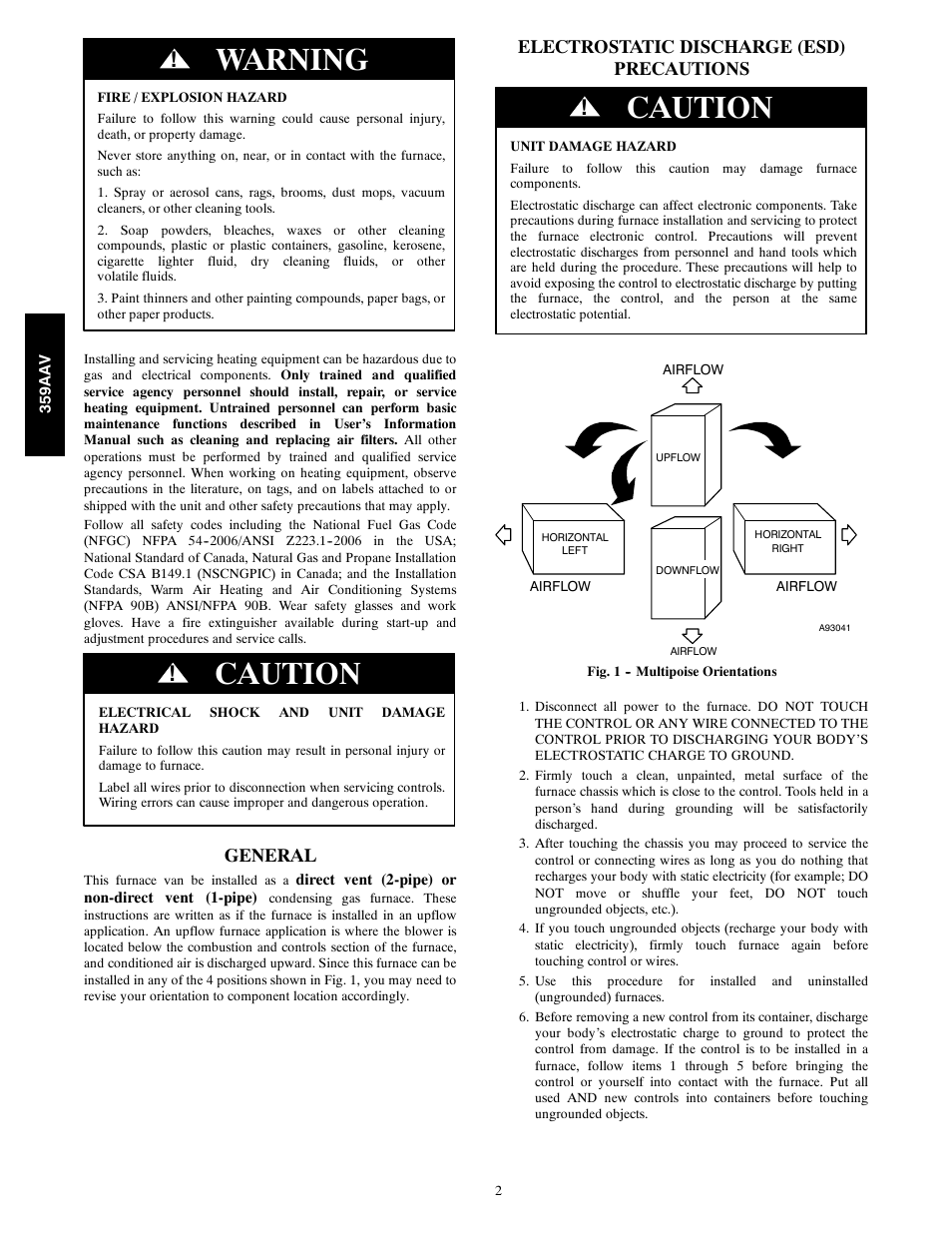 Warning, Caution, General | Electrostatic discharge (esd) precautions | Bryant 359AAV User Manual | Page 2 / 22