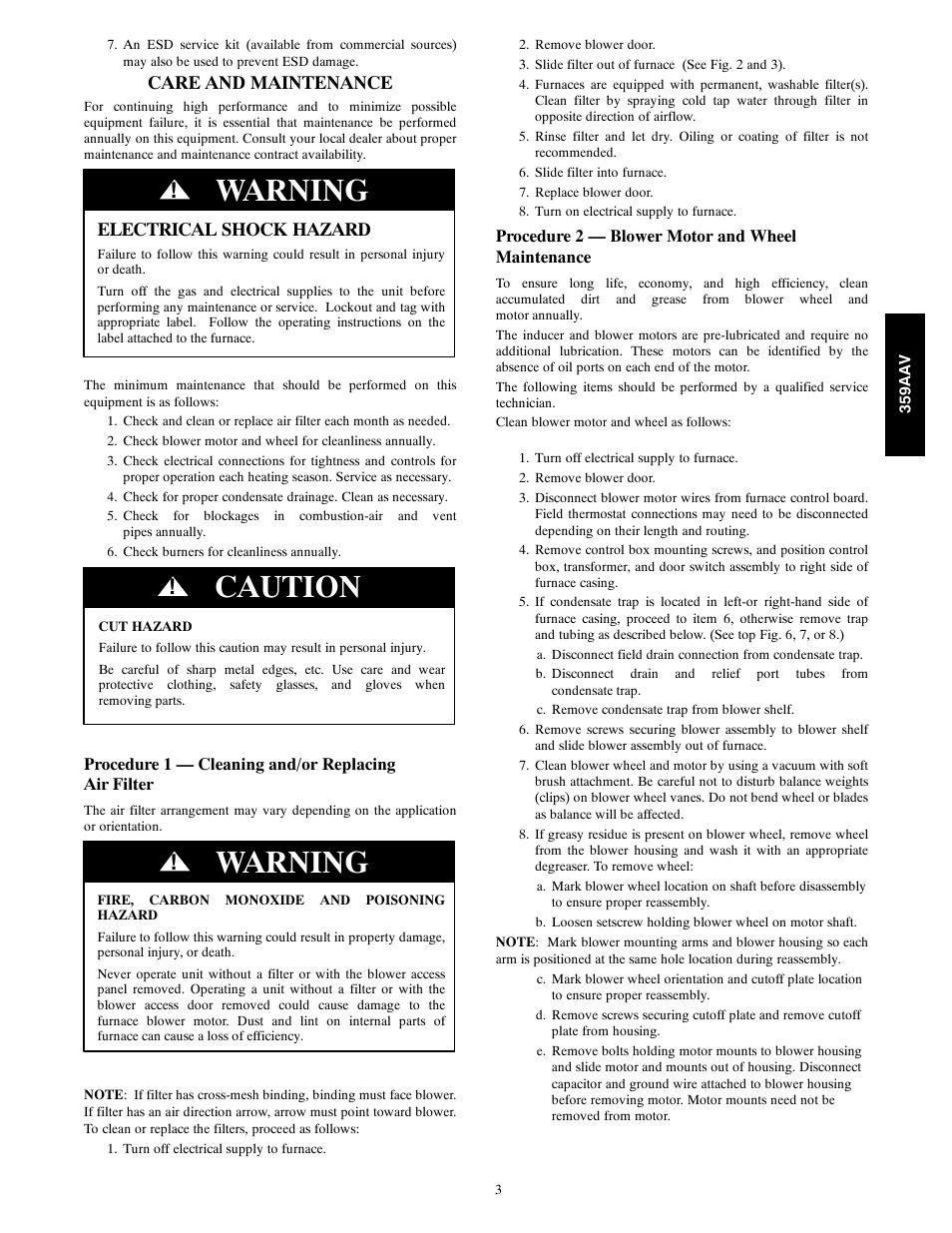 Warning, Caution, Care and maintenance | Electrical shock hazard | Bryant 359AAV User Manual | Page 3 / 22