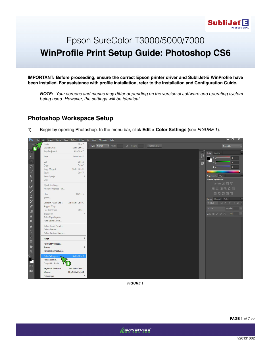 Xpres SubliJet E Epson SureColor T5000 (Windows ICC Profile Setup): Print & Setup Guide Photoshop CS6 User Manual | 7 pages