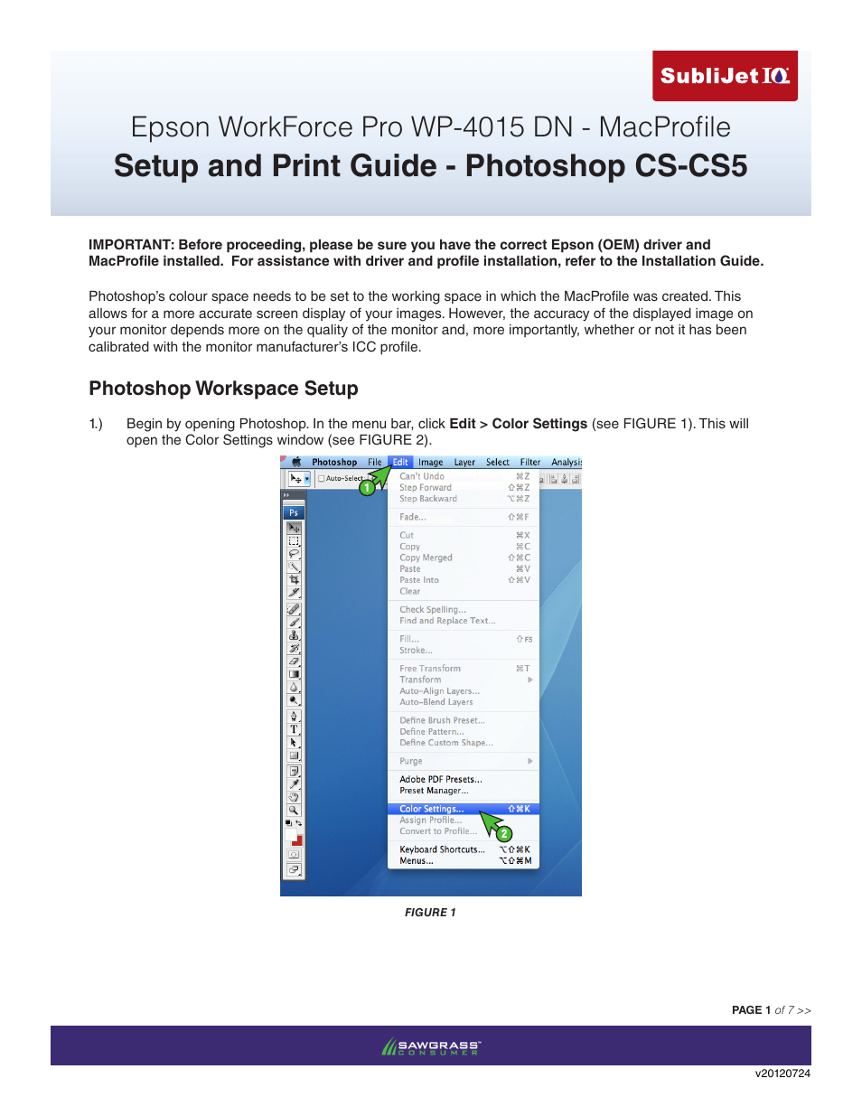 Xpres SubliJet IQ Epson WP-4015 (Mac ICC Profile Setup): Print & Setup Guide Photoshop CS - CS5 User Manual | 7 pages