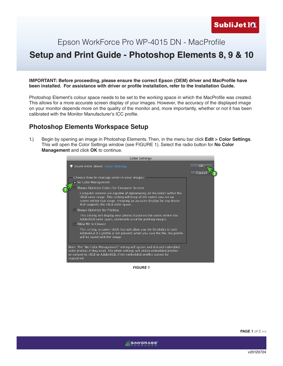 Xpres SubliJet IQ Epson WP-4015 (Mac ICC Profile Setup): Print & Setup Guide Photoshop Elements 8 - 10 User Manual | 5 pages