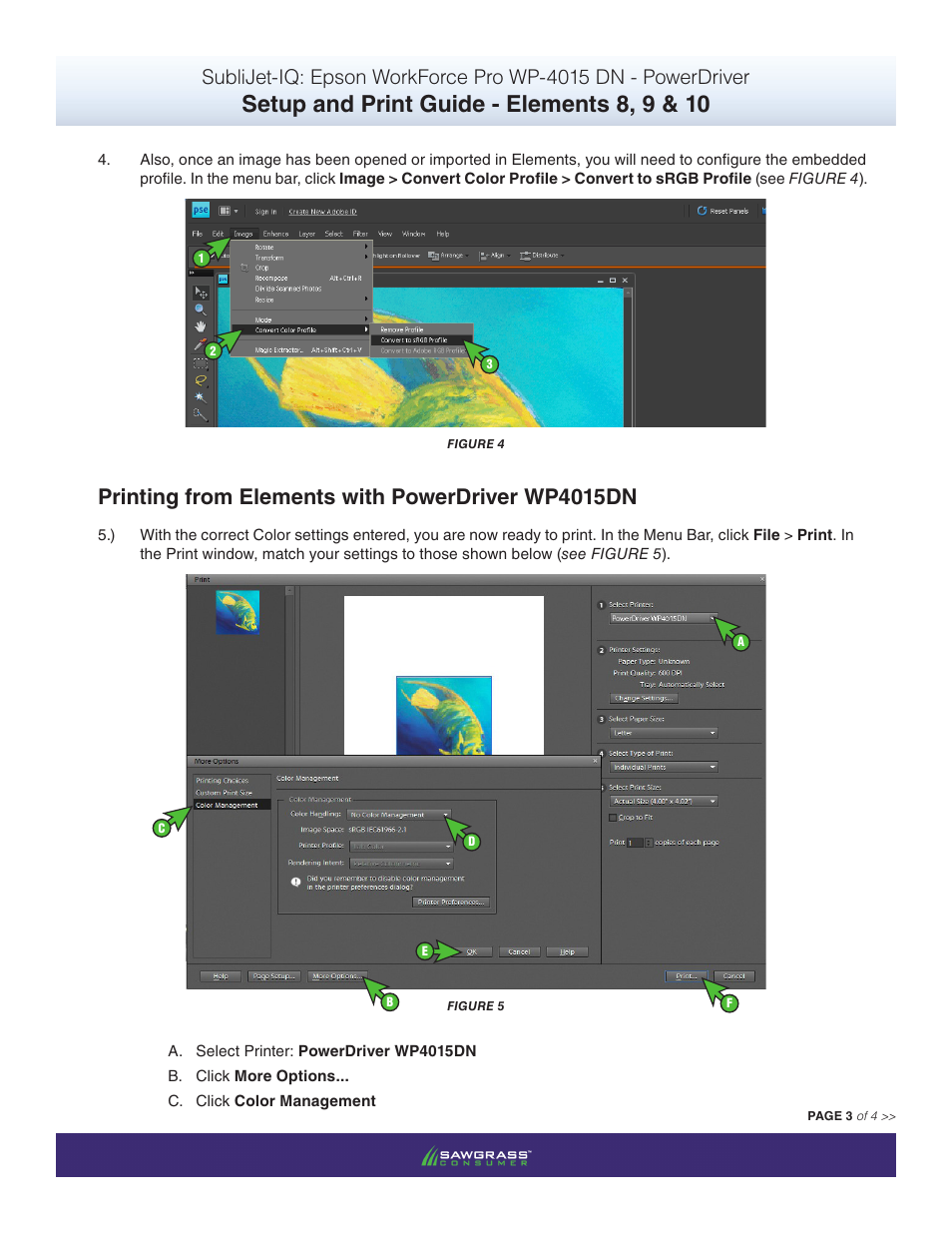 Setup and print guide - elements 8, 9 & 10, Printing from elements with powerdriver wp4015dn | Xpres SubliJet IQ Epson WP-4015 (Power Driver Setup): Print & Setup Guide Adobe Photoshop Elements 8 - 10 User Manual | Page 3 / 4