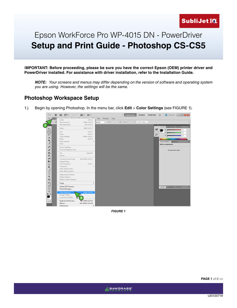 Xpres SubliJet IQ Epson WP-4015 (Power Driver Setup): Print & Setup Guide Adobe Photoshop CS - CS5 User Manual | 6 pages