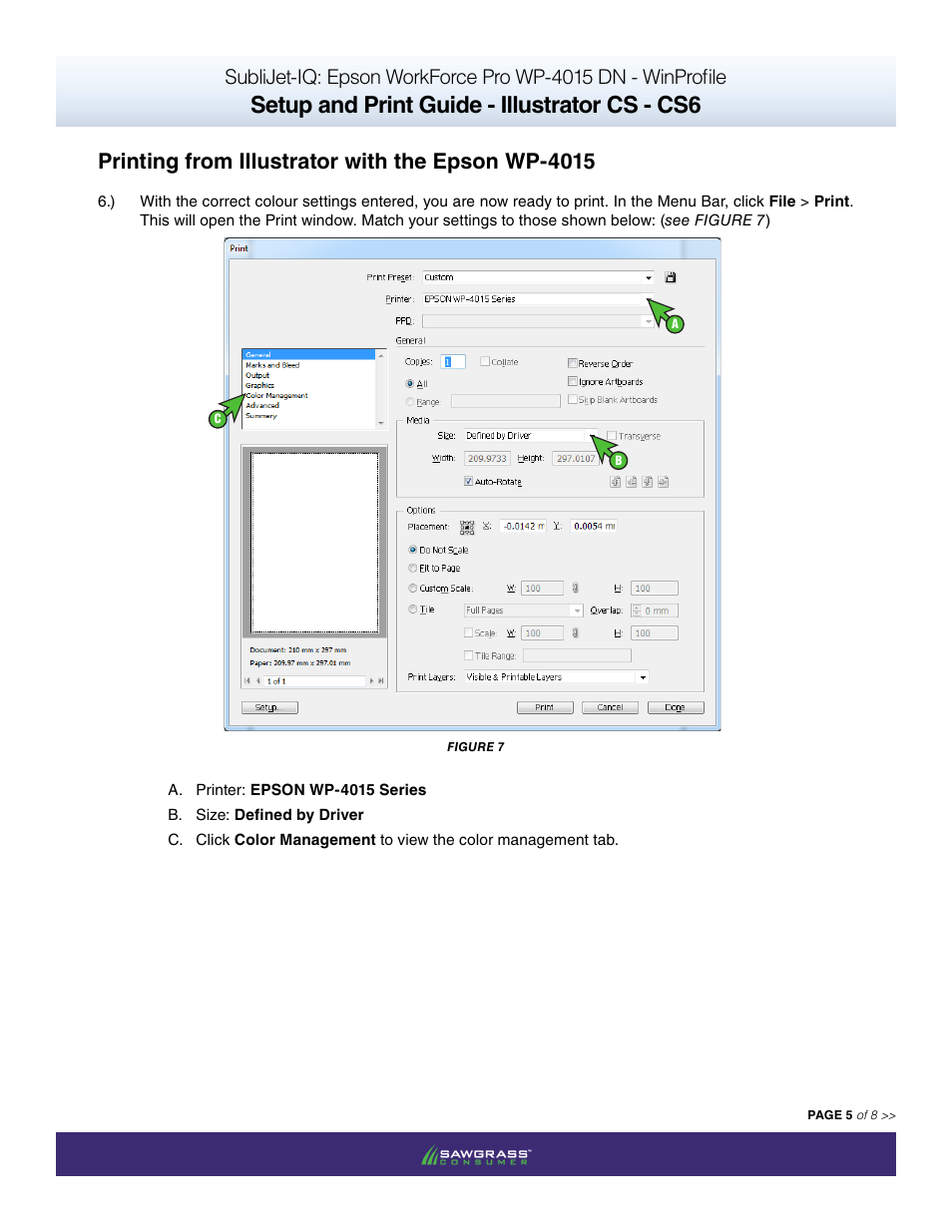 Setup and print guide - illustrator cs - cs6, Printing from illustrator with the epson wp-4015 | Xpres SubliJet IQ Epson WP-4015 (Windows ICC Profile Setup): Print & Setup Guide Adobe Illustrator CS - CS6 User Manual | Page 5 / 8