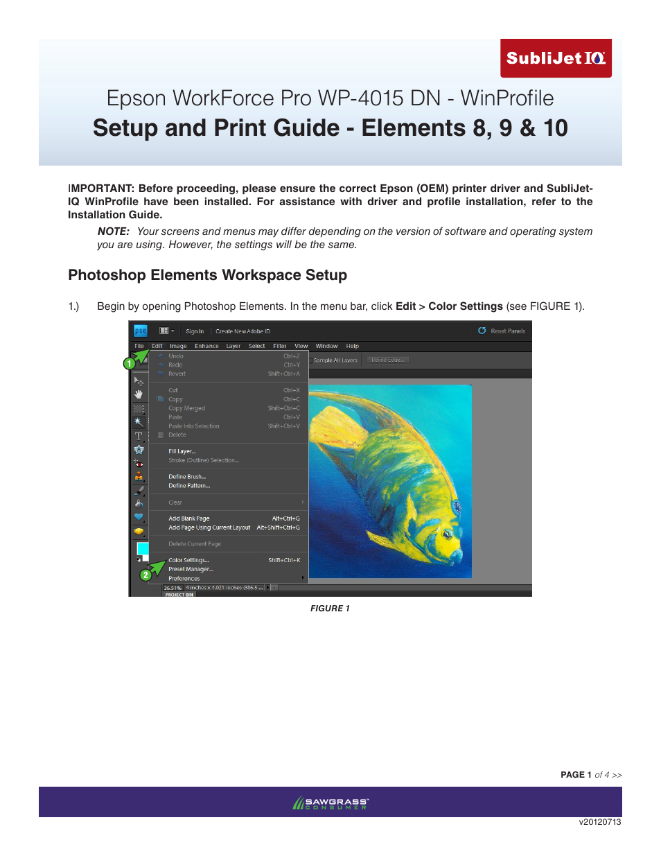 Xpres SubliJet IQ Epson WP-4015 (Windows ICC Profile Setup): Print & Setup Guide Adobe Photoshop Elements 8 - 10 User Manual | 4 pages