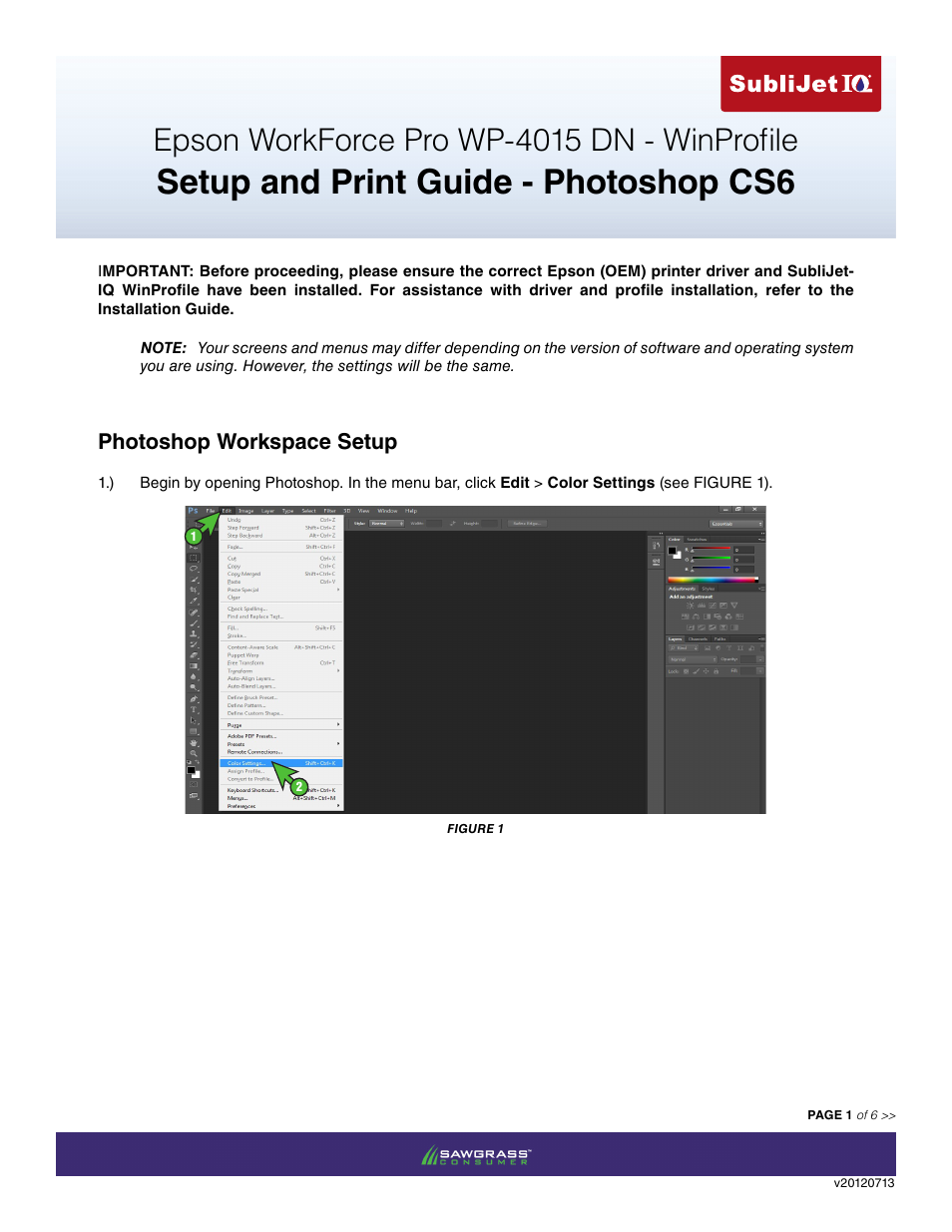Xpres SubliJet IQ Epson WP-4015 (Windows ICC Profile Setup): Print & Setup Guide Adobe Photoshop CS6 User Manual | 6 pages