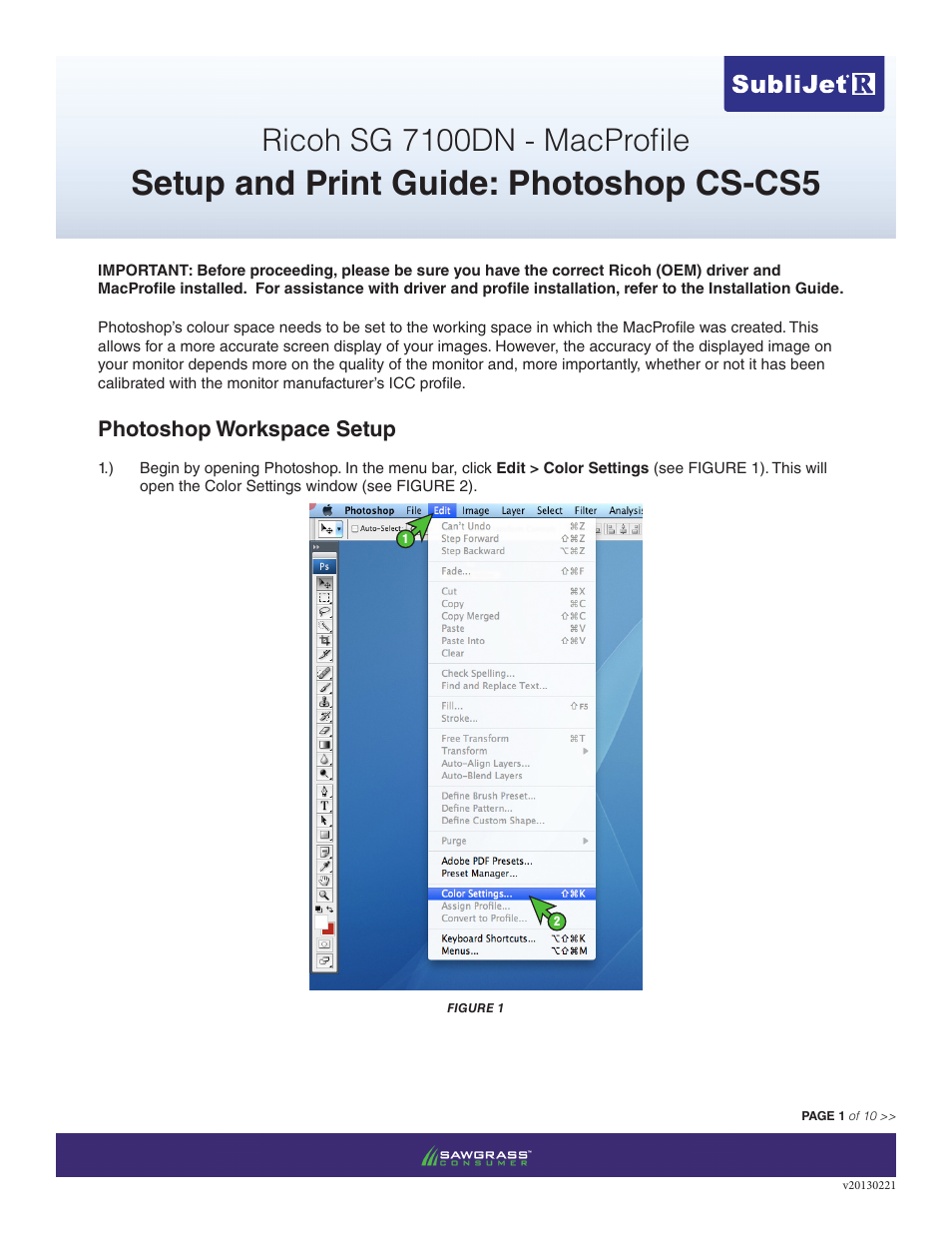 Xpres SubliJet R Ricoh SG7100DN (Mac ICC Profile Setup): Print & Setup Guide Photoshop CS - CS5 User Manual | 10 pages