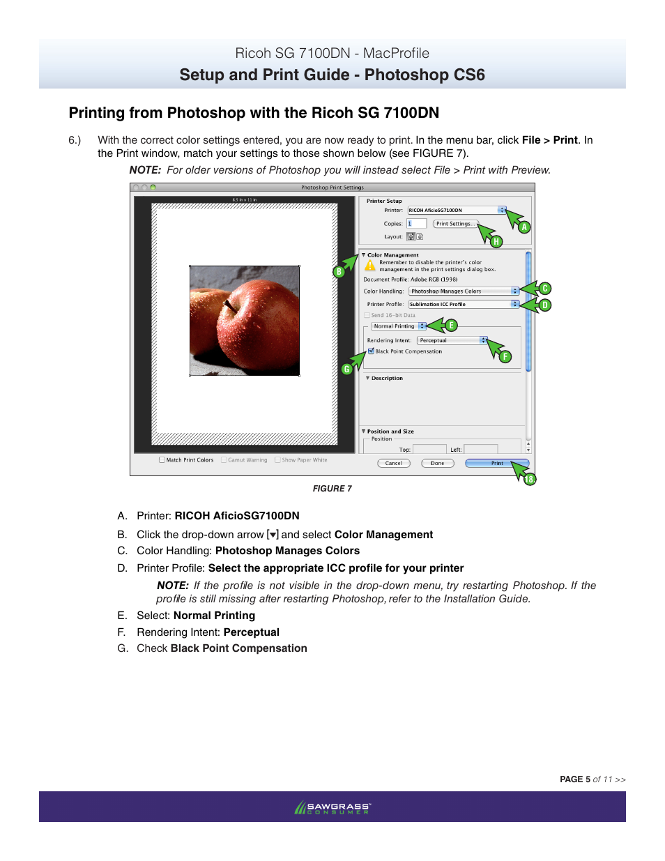 Setup and print guide - photoshop cs6, Printing from photoshop with the ricoh sg 7100dn, Ricoh sg 7100dn - macprofile | Xpres SubliJet R Ricoh SG7100DN (Mac ICC Profile Setup): Print & Setup Guide Photoshop CS6 User Manual | Page 5 / 11