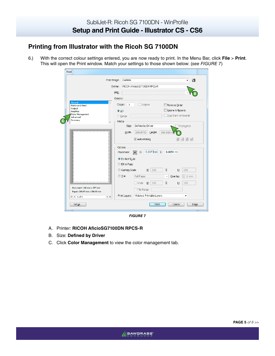 Setup and print guide - illustrator cs - cs6, Printing from illustrator with the ricoh sg 7100dn, Sublijet-r: ricoh sg 7100dn - winprofile | Xpres SubliJet R Ricoh SG7100DN (Windows ICC Profile Setup): Print & Setup Guide Adobe Illustrator CS - CS6 User Manual | Page 5 / 8