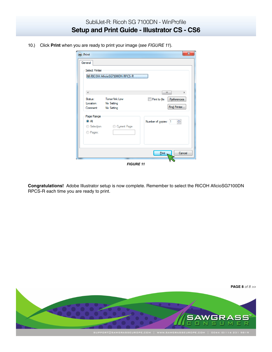 Setup and print guide - illustrator cs - cs6, Sublijet-r: ricoh sg 7100dn - winprofile | Xpres SubliJet R Ricoh SG7100DN (Windows ICC Profile Setup): Print & Setup Guide Adobe Illustrator CS - CS6 User Manual | Page 8 / 8