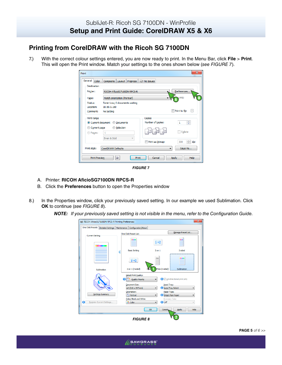 Setup and print guide: coreldraw x5 & x6, Printing from coreldraw with the ricoh sg 7100dn, Sublijet-r: ricoh sg 7100dn - winprofile | Xpres SubliJet R Ricoh SG7100DN (Windows ICC Profile Setup): Print & Setup Guide CorelDRAW X5 - X6 User Manual | Page 5 / 6
