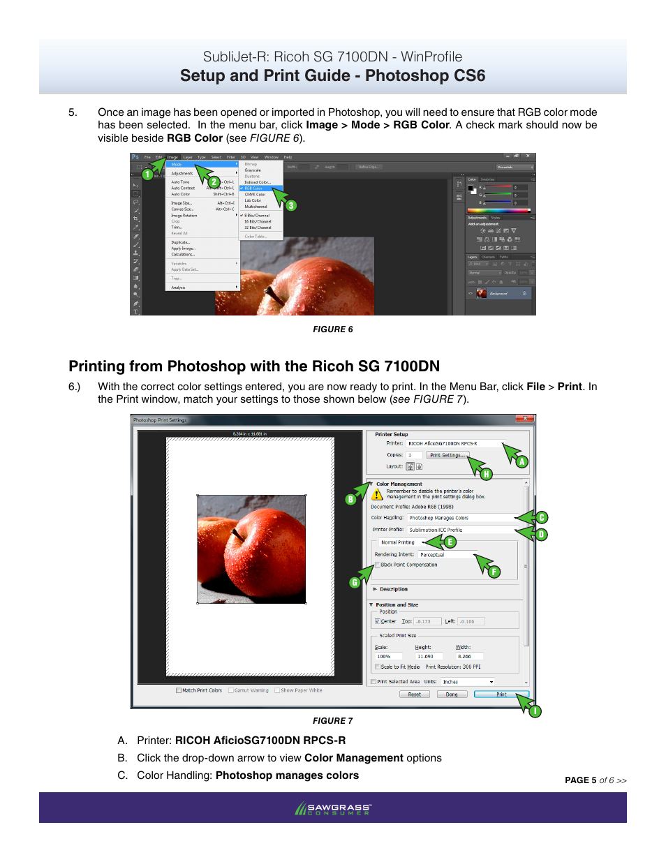 Setup and print guide - photoshop cs6, Printing from photoshop with the ricoh sg 7100dn, Sublijet-r: ricoh sg 7100dn - winprofile | Xpres SubliJet R Ricoh SG7100DN (Windows ICC Profile Setup): Print & Setup Guide Adobe Photoshop CS6 User Manual | Page 5 / 6