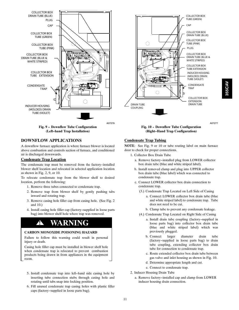 Warning, Downflow applications | Bryant 355CAV User Manual | Page 11 / 62