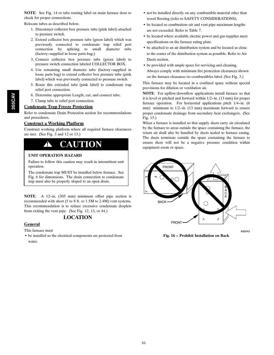 Caution, Location | Bryant 355CAV User Manual | Page 16 / 62