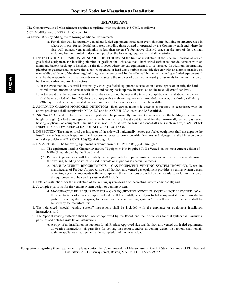 Important, Required notice for massachusetts installations | Bryant 355CAV User Manual | Page 2 / 62