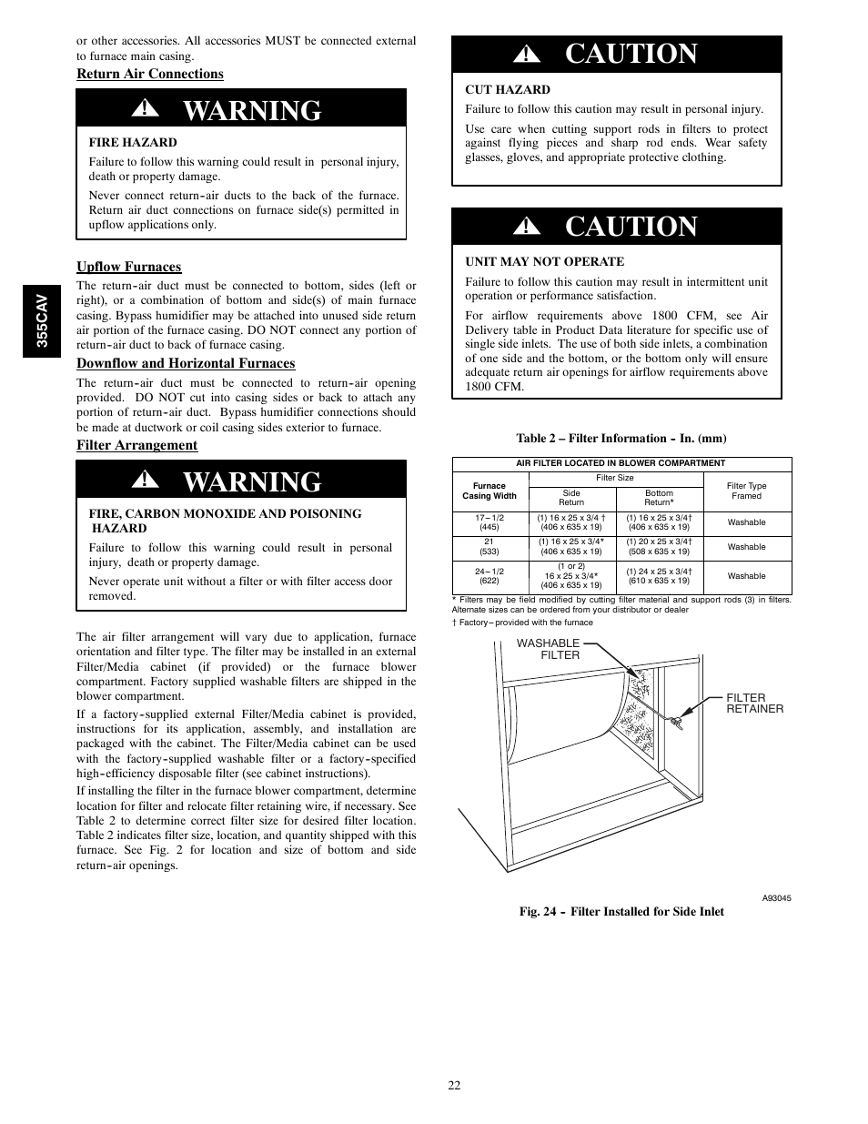 Warning, Caution | Bryant 355CAV User Manual | Page 22 / 62