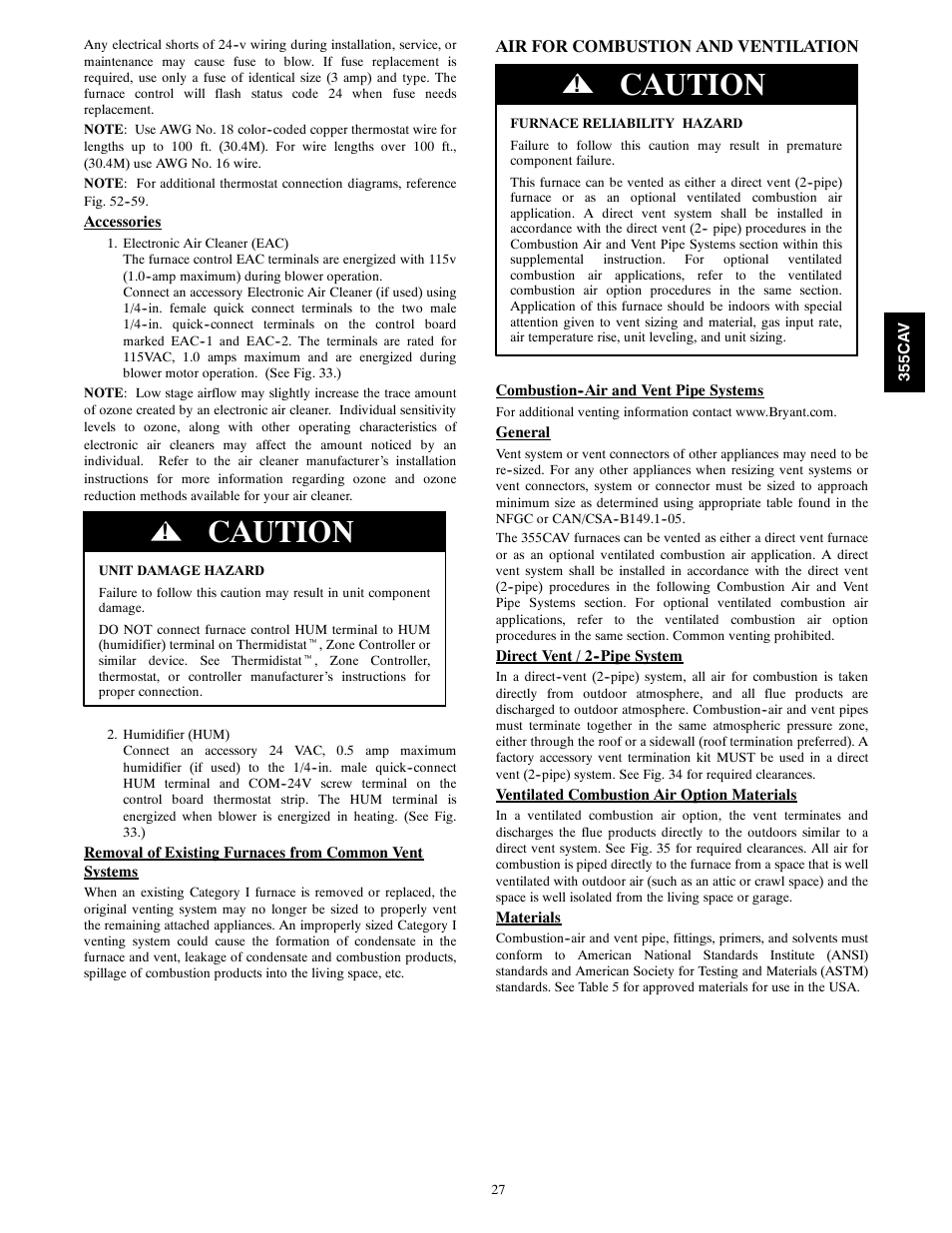 Caution | Bryant 355CAV User Manual | Page 27 / 62