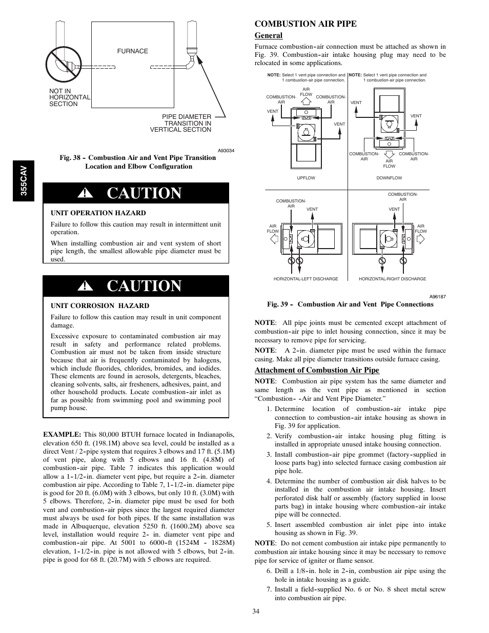 Caution, Combustion air pipe | Bryant 355CAV User Manual | Page 34 / 62