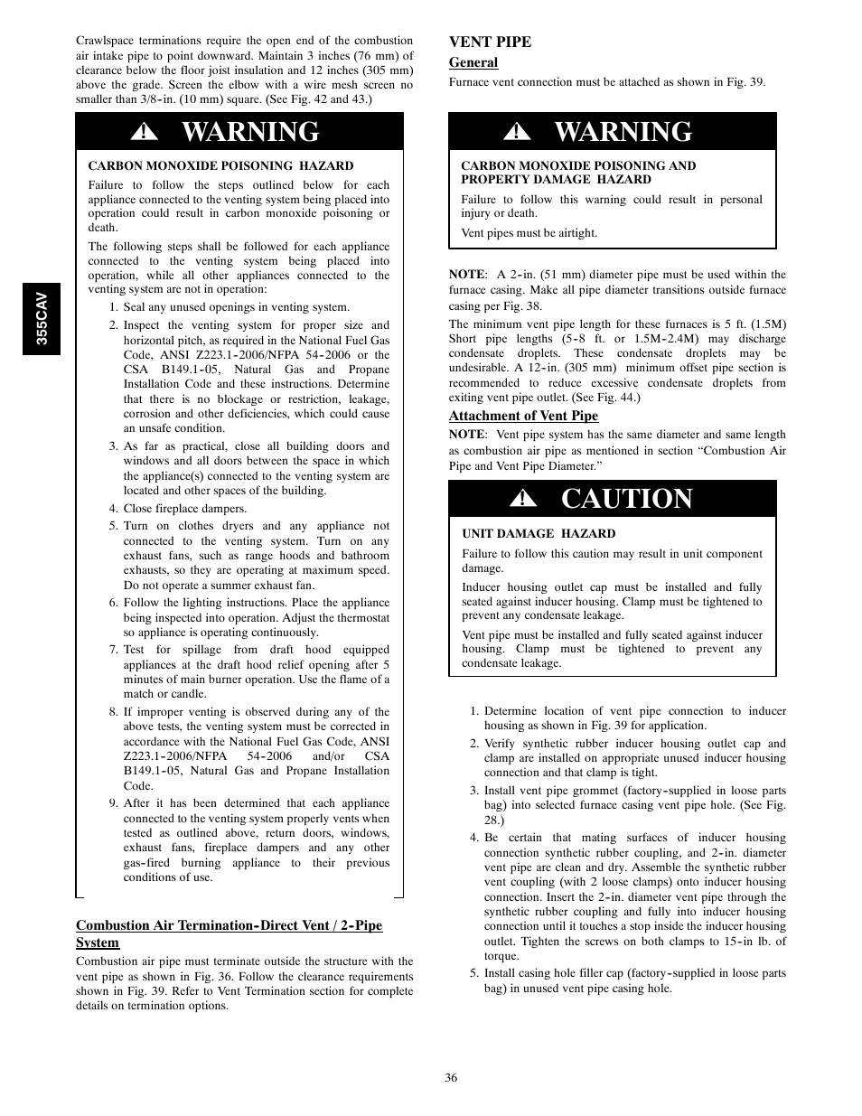 Warning, Caution | Bryant 355CAV User Manual | Page 36 / 62