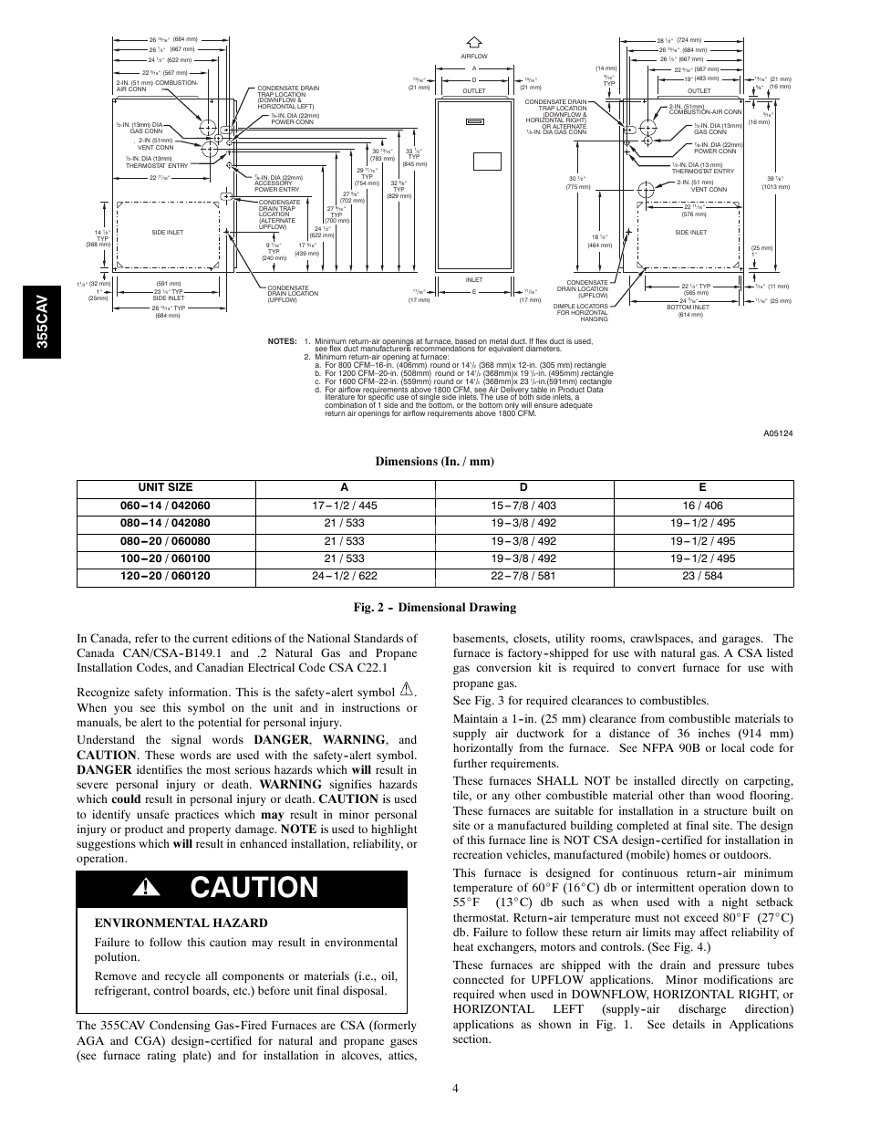 Caution, Dimensions (in. / mm) | Bryant 355CAV User Manual | Page 4 / 62