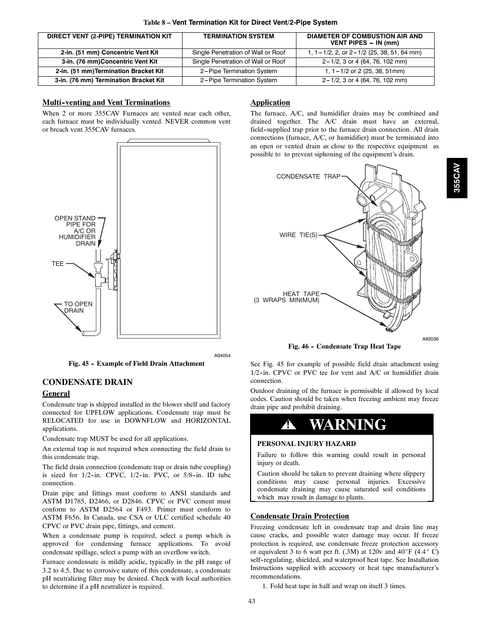 Warning, Condensate drain | Bryant 355CAV User Manual | Page 43 / 62